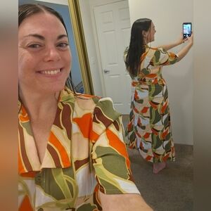 Love X Design Retro Design Maxi Dress with greens, bright orange, Size Medium